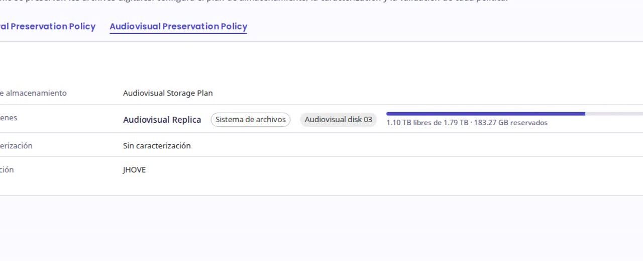 Pantalla de configuración de una política de preservación en FULCRO^MD